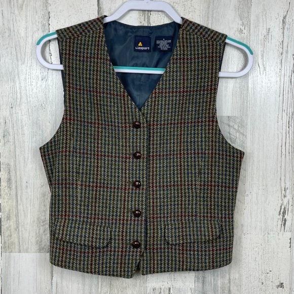 Vintage Jackets & Blazers - Vintage Liz Sport plaid vest houndstooth academia 100% wool tan blue red 8